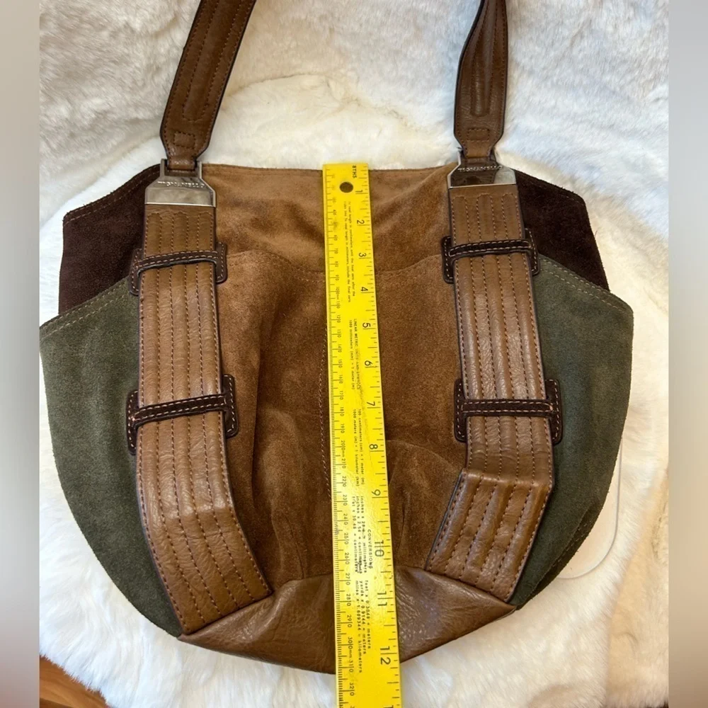 Tignanello brown suede leather colorblock shoulder bag purse w magnetic snap. H